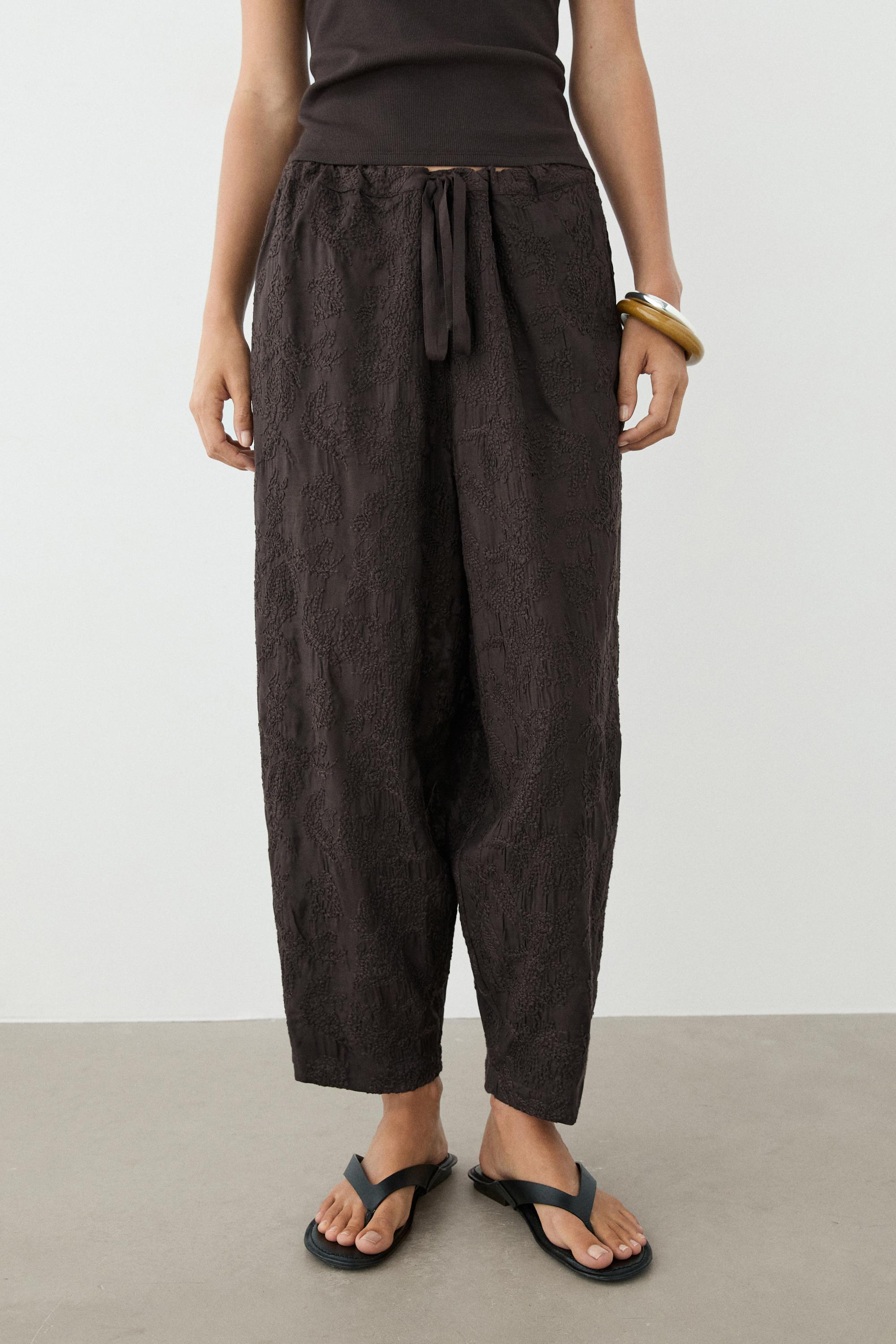 Embroidered flowing barrel fit trousers